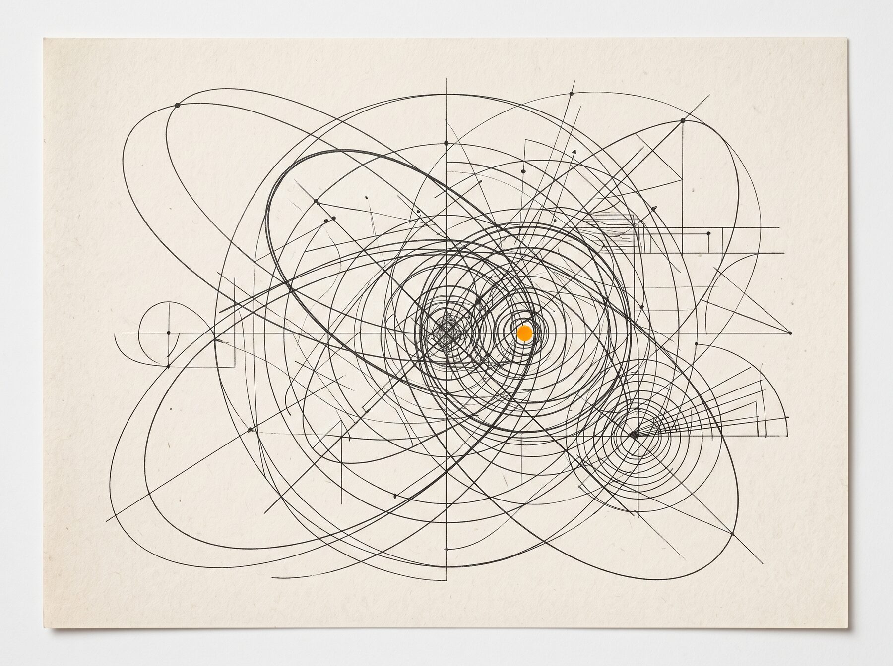 Abstract geometric diagram of intersecting orbits on paper